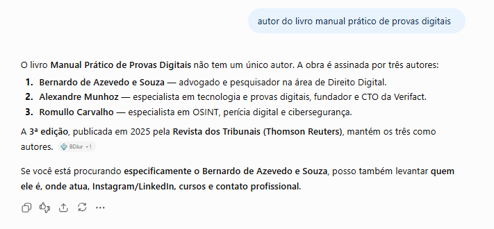 ChatGPT: resposta para "autor do livro manual prático de provas digitais" citando Bernardo de Azevedo