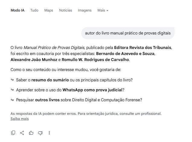 Gemini: resposta para "autor do livro manual prático de provas digitais" citando Bernardo de Azevedo