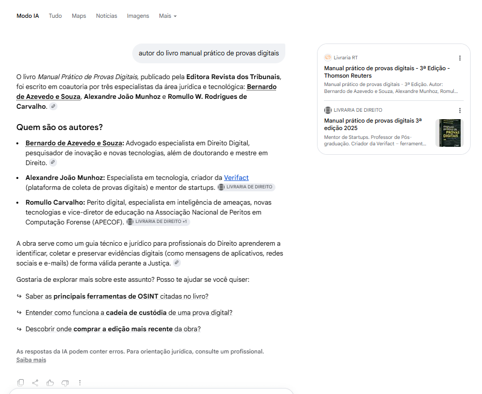 Google: resposta para "autor do livro manual prático de provas digitais" citando Bernardo de Azevedo