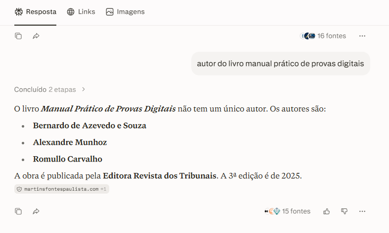 Perplexity: resposta para "autor do livro manual prático de provas digitais" citando Bernardo de Azevedo