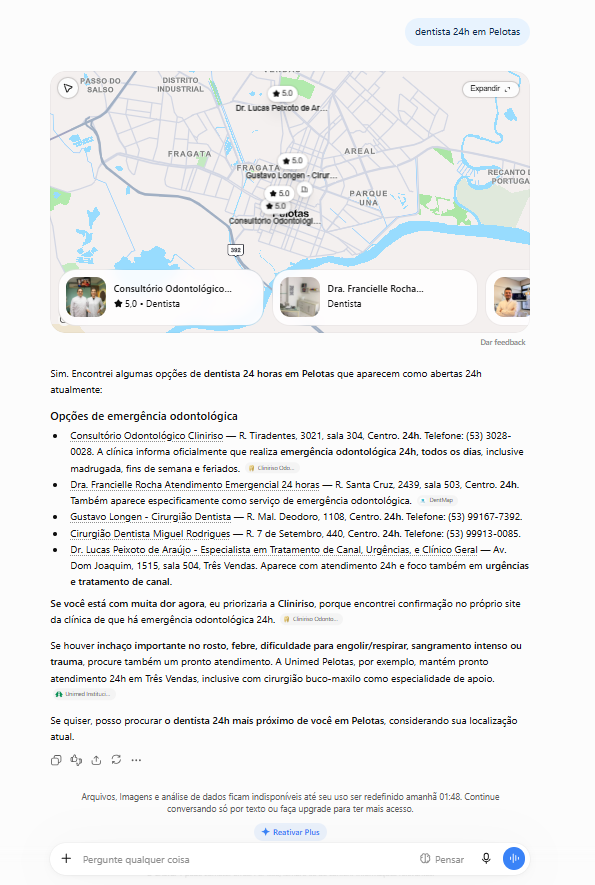 ChatGPT: resposta para "dentista 24h em Pelotas" citando Cliniriso