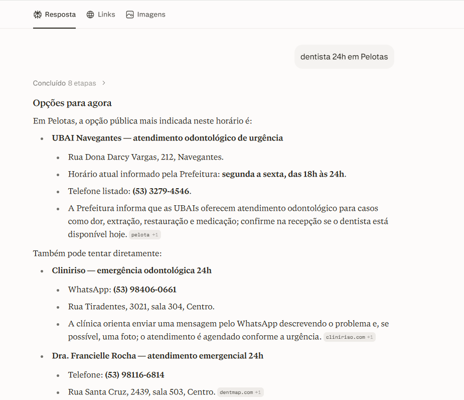 Perplexity: resposta para "dentista 24h em Pelotas" citando Cliniriso