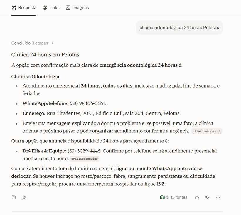 Perplexity: resposta para "clínica odontológica 24 horas Pelotas" citando Cliniriso