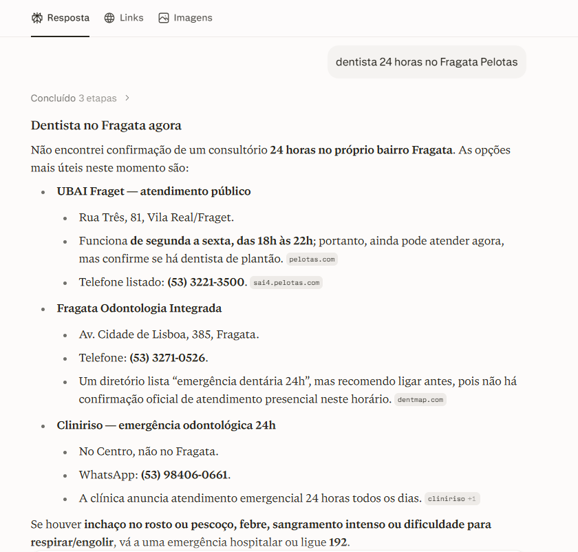 Perplexity: resposta para "dentista 24 horas no Fragata Pelotas" citando Cliniriso
