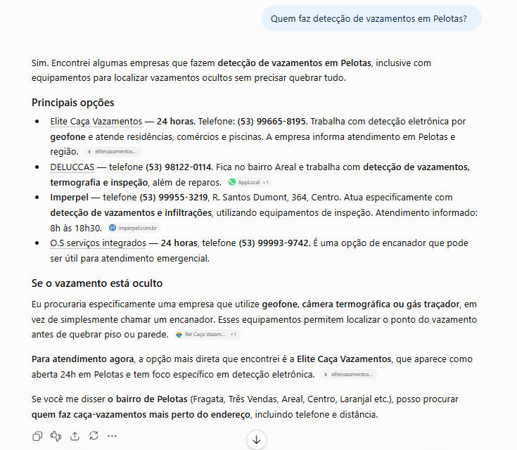 ChatGPT: resposta para "Quem faz detecção de vazamentos em Pelotas?" citando Elite Caça Vazamentos