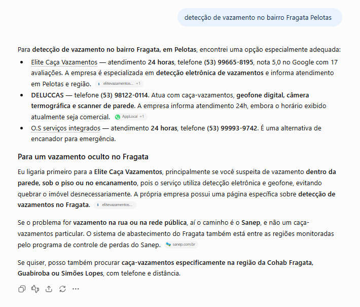 ChatGPT: resposta para "detecção de vazamento no bairro Fragata Pelotas" citando Elite Caça Vazamentos