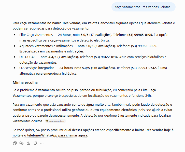 ChatGPT: resposta para "caça vazamentos Três Vendas Pelotas" citando Elite Caça Vazamentos