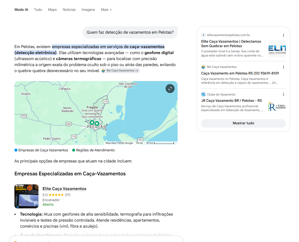 Google: resposta para "Quem faz detecção de vazamentos em Pelotas?" citando Elite Caça Vazamentos