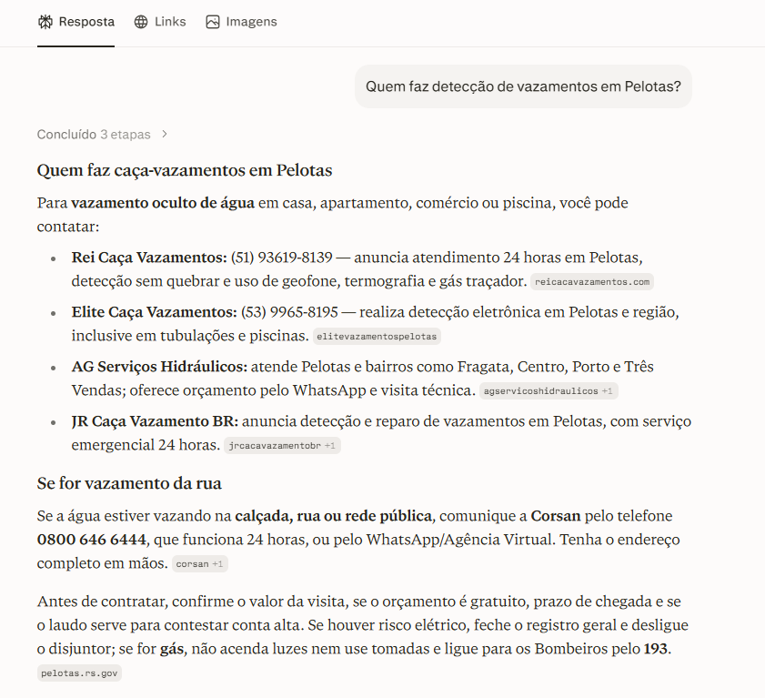 Perplexity: resposta para "Quem faz detecção de vazamentos em Pelotas?" citando Elite Caça Vazamentos