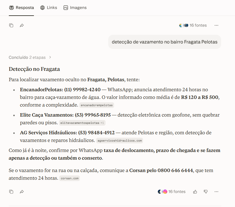 Perplexity: resposta para "detecção de vazamento no bairro Fragata Pelotas" citando Elite Caça Vazamentos