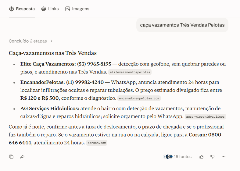 Perplexity: resposta para "caça vazamentos Três Vendas Pelotas" citando Elite Caça Vazamentos