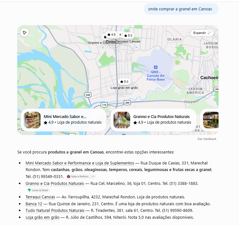 ChatGPT: resposta para "onde comprar a granel em Canoas" citando Sabor e Performance