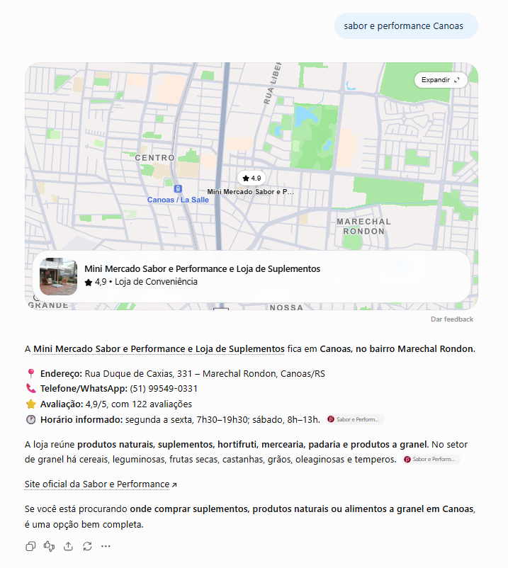 ChatGPT: resposta para "sabor e performance Canoas (marca)" citando Sabor e Performance