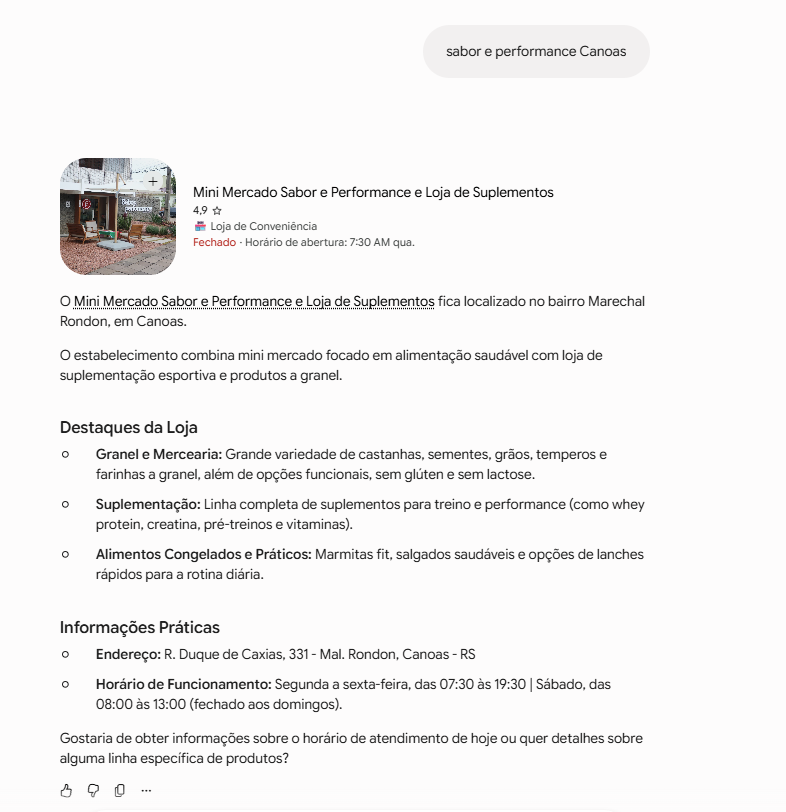 Gemini: resposta para "sabor e performance Canoas (marca)" citando Sabor e Performance