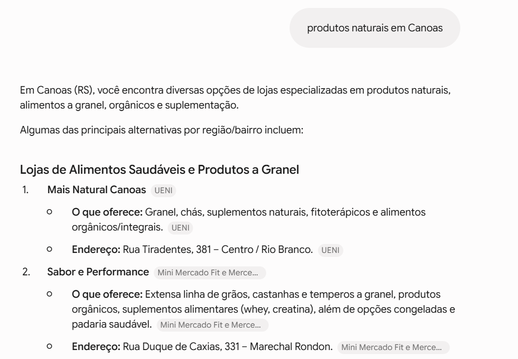 Gemini: resposta para "produtos naturais em Canoas" citando Sabor e Performance