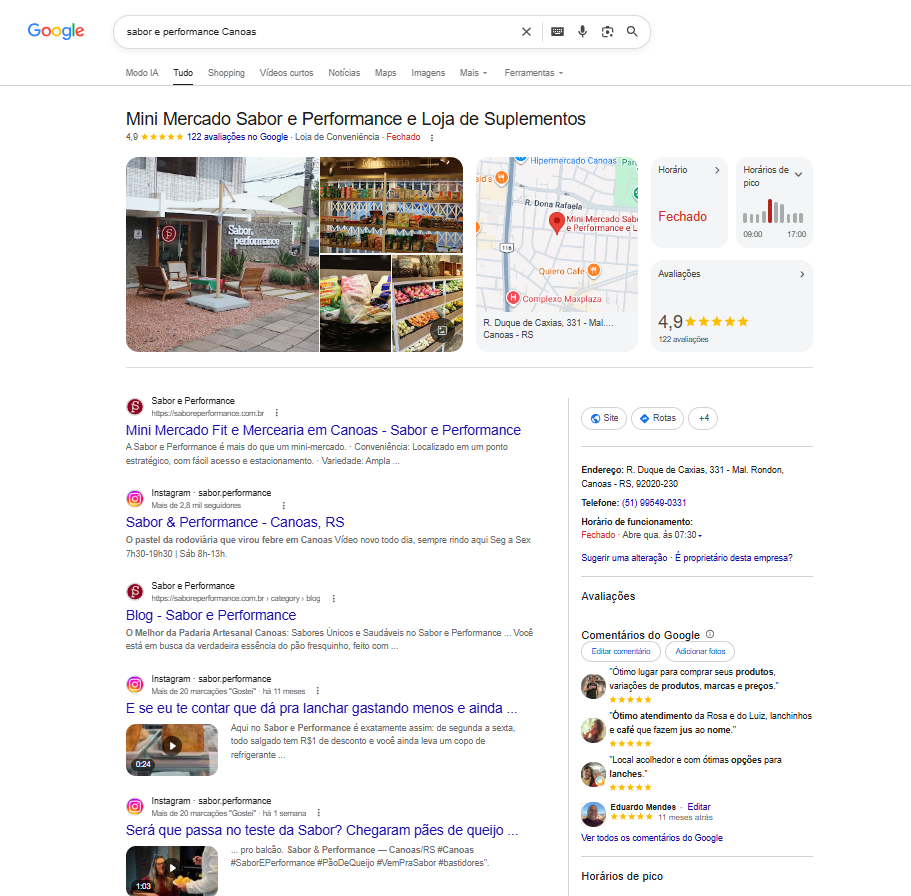 Google: resposta para "sabor e performance Canoas (marca)" citando Sabor e Performance