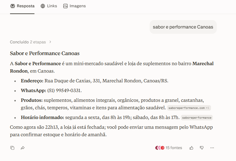 Perplexity: resposta para "sabor e performance Canoas (marca)" citando Sabor e Performance