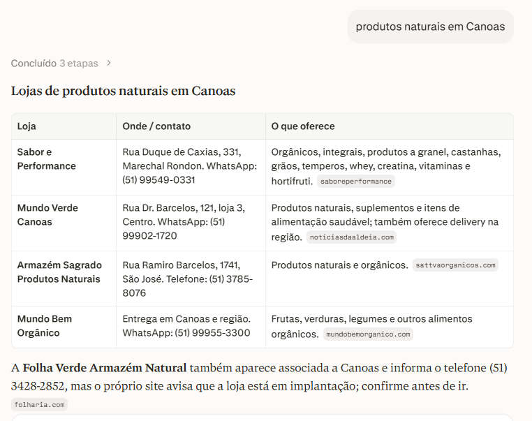 Perplexity: resposta para "produtos naturais em Canoas" citando Sabor e Performance